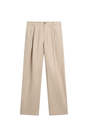 Pantalon beige taille haute avec plis à l'avant, passants de ceinture, fermeture à bouton et jambes droites larges, idéal pour une tenue formelle ou décontractée.