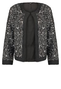 Veste noire ouverte sur le devant avec manches longues, recouverte de sequins argentés densément disposés et bordure en tissu lisse sur les bords et les poignets.