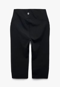 Pantaloni sportivi neri lungo il ginocchio con una cintura ampia, tessuto morbido e un piccolo logo al centro della parte posteriore. Presentano cuciture piatte per un maggiore comfort.