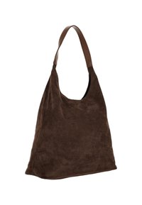 Bruine suède schoudertas met een zachte textuur, een gebogen vorm en een contrasterende bruine leren band. Eenvoudig ontwerp zonder extra versieringen.