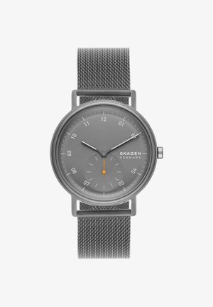 Minimalistische graue Skagen Denmark Armbanduhr mit Mesh-Armband, weißen Stunden- und Minutenzeigern und kleinem orangem Sekundenzeiger unten in der Mitte.