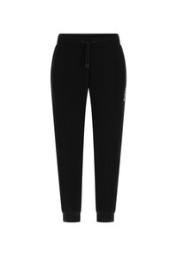 Schwarze Sweatpants aus weichem Material, mit elastischem Bund und Kordelzug, schmal zulaufenden Beinen und Seitentaschen. Dezentes Logo-Detail.