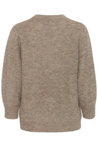 Maglione lavorato a maglia beige con un motivo testurizzato, scollatura rotonda e maniche a palloncino. La vista posteriore mostra una vestibilità leggermente rilassata e orlo a costine.