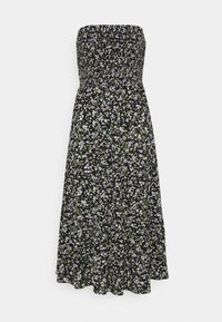 Černé šaty bez ramínek se smockovaným živůtkem, zdobené květinovým vzorem v bílé a zelené barvě, s volnou siluetou a délkou po kolena.