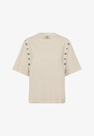 T-shirt beige à manches courtes avec un col rond, doté de pressions le long de l'épaule gauche et d'une coupe décontractée. Tissu en coton doux.