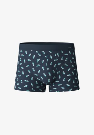 Donkerblauwe boxershorts met een patroon van kleine groene en witte bootontwerpen. Gemaakt van glad, rekbaar materiaal voor comfort.