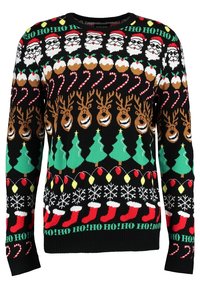 Pull de Noël noir avec des motifs répétitifs de visages du Père Noël, cannes de bonbon, rennes, sapins de Noël, guirlandes lumineuses, flocons de neige, chaussettes de Noël, et le texte "HO HO HO !".