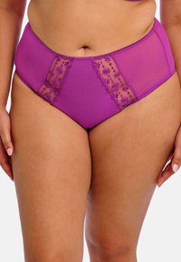 Purple high-waisted briefs with sheer mesh panels, featuring floral embroidery on the sides and a smooth texture.