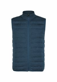 Mörkblå ärmlös väst i puffermaterial med hög krage, som har dragkedjestängning och quiltat mönster för isolering. Slät textur och inga fickor.