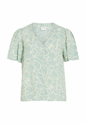 Blouse vert clair à manches courtes avec motif floral abstrait blanc, col en V et boutons à l'avant, de la marque VILA.