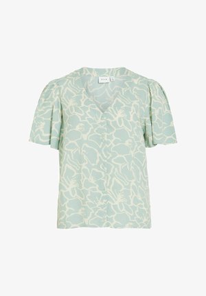 Hellgrüne Bluse mit kurzen Ärmeln, weißem abstraktem Blumenmuster, V-Ausschnitt und vorderen Knöpfen der Marke VILA.