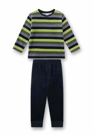 Maglia a maniche lunghe con righe orizzontali verdi, grigie e nere abbinata a pantaloni neri elasticizzati con vita elastica, presentati stesi su sfondo bianco.