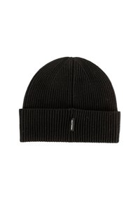 Czarna dziana czapka z prążkowaną fakturą. Posiada podwinięty mankiet i małą metkę z logo z boku. Okrągły kształt czubka.