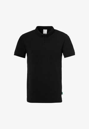 Sort kortærmet polo skjorte med en to-knaps placket og en lille krave, mærket "uhlsport" inde i halsen.