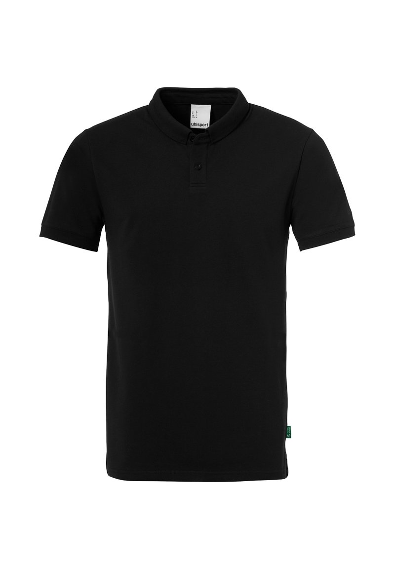 Sort kortærmet polo skjorte med en to-knaps placket og en lille krave, mærket "uhlsport" inde i halsen.