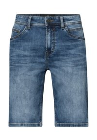 Jeansshorts i en ljusblå tvätt. Har fem fickor, bälteshällor och en knappstängning. Raka ben med blekt textur och sydda detaljer.