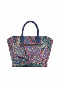 Patroon handtas met een donkerblauwe paisleyontwerp en bloemenaccenten, leren handvatten en een voorzak met rits.