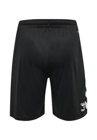 Shorts de sport noirs avec une texture lisse, présentant un logo blanc contrastant et des rayures diagonales sur les côtés. Ceinture élastique incluse.