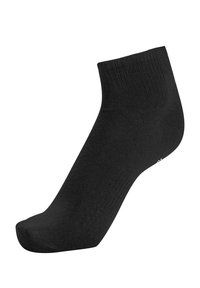 Svart ankelsocka gjord av mjukt, strukturerat tyg. Har en ribbad resår och en förstärkt tå. Inga synliga mönster eller metalldetaljer.