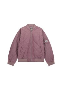 Quilted bomber jacket in mauve with a front zipper, ribbed cuffs, side pockets, and a patch on the sleeve. Cotton blend fabric.