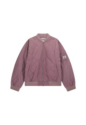Quilted bomber jacket in mauve with a front zipper, ribbed cuffs, side pockets, and a patch on the sleeve. Cotton blend fabric.