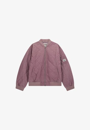 Kvadrična bomber jakna v mauve barvi z zipom spredaj, rebrastimi manšeti, stranskimi žepi in zakrpano na rokavu. Tkanina iz mešanice bombaža.