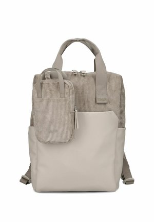 Sac à dos beige avec partie supérieure en velours côtelé, poche avant, petite pochette assortie détachable, poignées supérieures et bretelles ajustables.