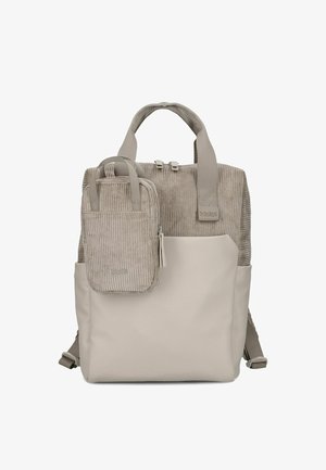 Sac à dos beige avec partie supérieure en velours côtelé, poche avant, petite pochette assortie détachable, poignées supérieures et bretelles ajustables.