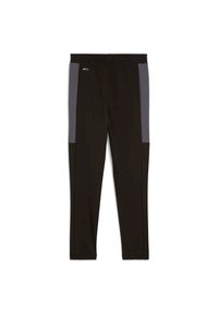 Zwarte sportbroek met grijze zijpanelen. Gemaakt van lichtgewicht stof, met een elastische tailleband en een tapered broekspijpen design.