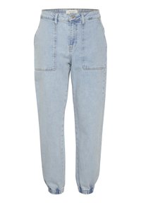 Jasnoniebieskie dżinsowe spodnie o luźnym kroju, z dwoma przednimi kieszeniami, elastycznymi mankietami i zapięciem na guzik w talii.