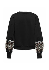 Črna dukserica z dolgimi rokavi, ki ima zapleteno večbarvno vezenje na manšetah. Mehka tkanina in sproščen kroj, okrogla izreza.