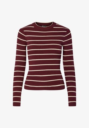 Bordo ribota džemperis ar garām piedurknēm, ar baltām horizontālām svītrām. Apaļš dekoltē un pieguļošs siluets.