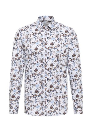 Langærmet hvid skjorte med brun og blå blomsterprint, knapper foran og spids krave.
