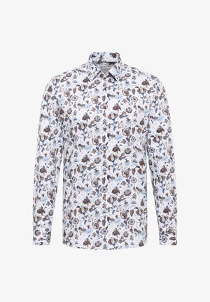 Langärmliges weißes Hemd mit braunem und blauem Blumenmuster, vorderseitig mit Knöpfen und spitzem Kragen.