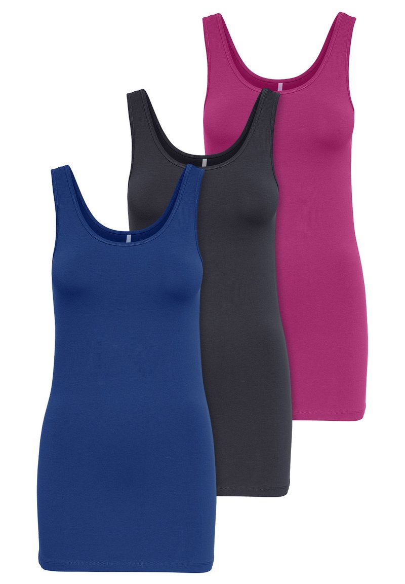 Trois débardeurs en bleu, gris foncé et rose, avec un col rond, une coupe ajustée et un tissu en coton doux.