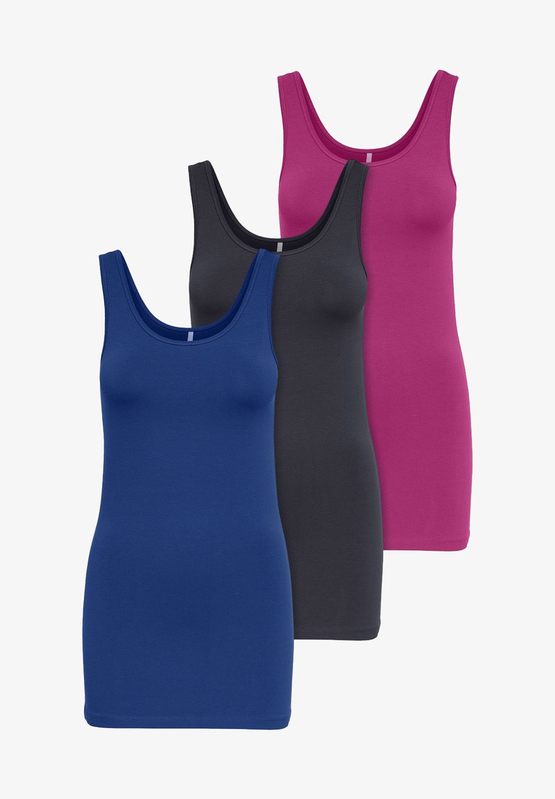 Trois débardeurs en bleu, gris foncé et rose, avec un col rond, une coupe ajustée et un tissu en coton doux.