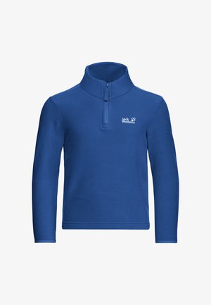 Maglione in pile blu con collo alto, chiusura a mezza zip e maniche lunghe. Presenta un logo sull'area del petto sinistro. Tessuto liscio.