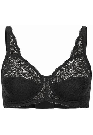 Soutien-gorge en dentelle noire avec motif floral, armatures, bretelles réglables et bande noire unie. Présente des détails en dentelle délicats sur l'ensemble.