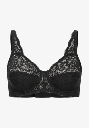 Zwarte kanten bh met bloemenpatroon, beugel, verstelbare bandjes en een effen zwarte band. Bevat ingewikkelde kantdetails over het geheel.