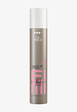 Wella Professionals Mistify Me Strong, lacca ad asciugatura rapida in una bottiglia alta beige con tappo bianco e marchio rosa.