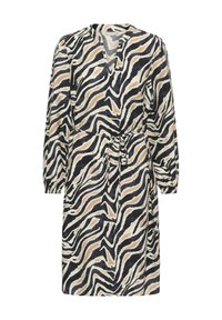 Robe à manches longues avec un imprimé zèbre dans des couleurs noir, crème et beige, comportant un décolleté en V et une taille nouée. Fabriquée en tissu léger.