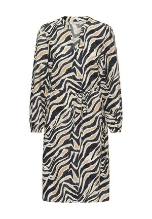 Abito a maniche lunghe con stampa zebra nei colori nero, crema e marrone, caratterizzato da un scollo a V e una vita legata. Realizzato in tessuto leggero.