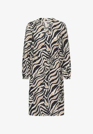 Abito a maniche lunghe con stampa zebra nei colori nero, crema e marrone, caratterizzato da un scollo a V e una vita legata. Realizzato in tessuto leggero.