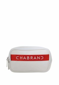 Trousse de maquillage blanche avec bande en tissu rouge arborant le logo "CHABRAND". Fabriquée en matériau synthétique, bords arrondis, fermeture à glissière, design compact.