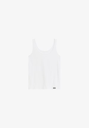 Biały bawełniany top na ramiączkach z szerokimi paskami, okrągłym dekoltem i prostym dołem. Posiada małą czarną metkę w lewym dolnym rogu.