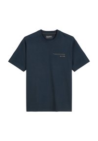 Marineblaue Baumwoll-T-Shirt mit Rundhalsausschnitt, kurzen Ärmeln und dezentem Text auf der Vorderseite in hellbeige. Klassische Passform, schlichtes Design.