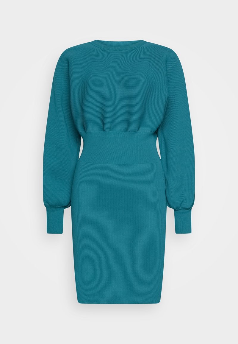 Robe en tricot côtelé couleur sarcelle avec manches longues bouffantes, taille ajustée et longueur jusqu'aux genoux. Texture douce avec des détails subtils le long de l'encolure.