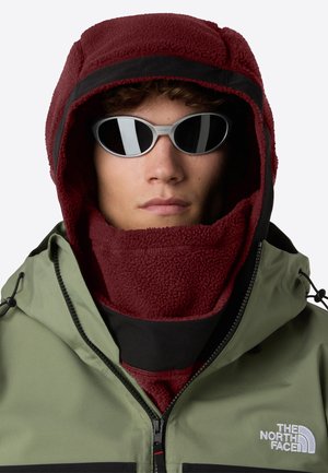 Giacca verde con accenti neri, dotata di cappuccio in pile bordeaux e scaldacollo, completata da occhiali da sole argento con lenti scure.