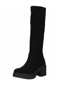 Botas negras hasta la rodilla de ante con una suela de plataforma negra chunky y un tacón cuadrado. Textura suave sin patrones visibles ni herrajes.