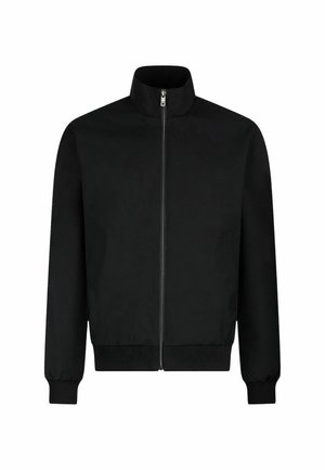 Schwarze Bomberjacke mit hohem Kragen, Frontreißverschluss, gerippten Bündchen und seitlichen Taschen. Glattes Material mit matter Oberfläche.